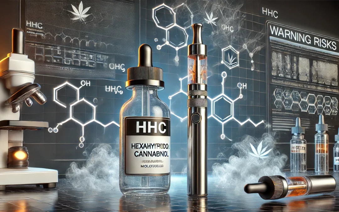 Image dune scène de laboratoire avec des flacons étiquetés « HHC » et un stylo à vapotage, entourés de diagrammes chimiques, dun microscope et de panneaux davertissement. Des volutes de fumée flottent autour et des motifs hexagonaux sont bien visibles à larrière-plan.