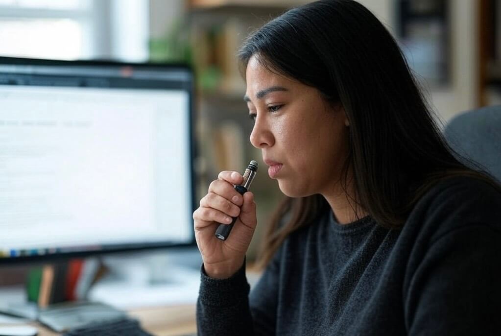 Femme qui vapote devant son ordinateur 