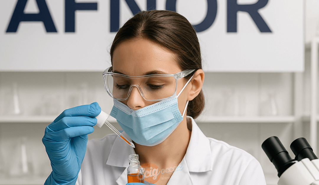 Laborantine en blouse blanche testant un e-liquide avec une pipette dans un laboratoire, avec le logo AFNOR affiché en arrière-plan