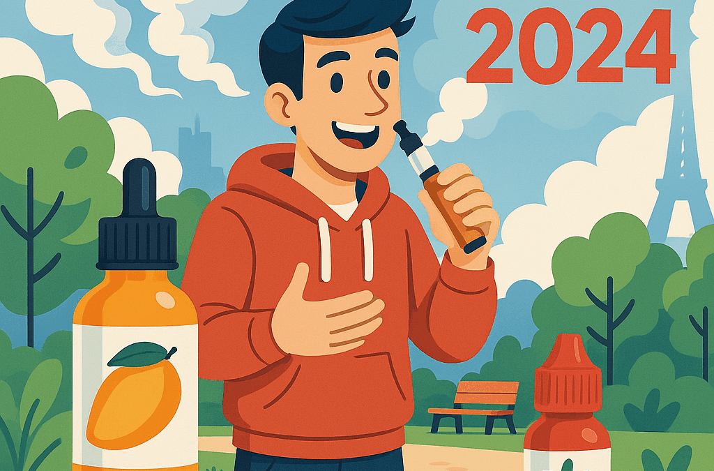 Jeune homme souriant en train de vapoter dans un parc en 2024, entouré de flacons de e-liquide aux arômes de mangue et de fraise, avec la tour Eiffel en arrière-plan et un ciel rempli de nuages de vapeur
