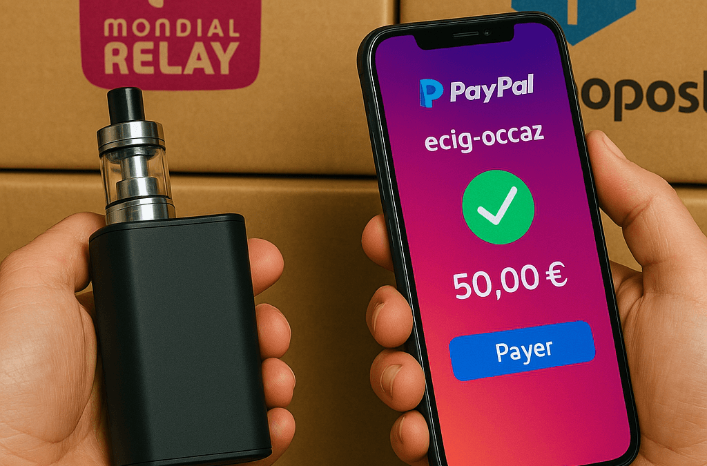 Transaction sécurisée entre vapoteurs : une main tient une box de vape noire pendant qu'une autre montre un écran de smartphone affichant un paiement PayPal de 50,00 € au nom d'ecig-occaz, sur fond de cartons Mondial Relay et Chronopost.