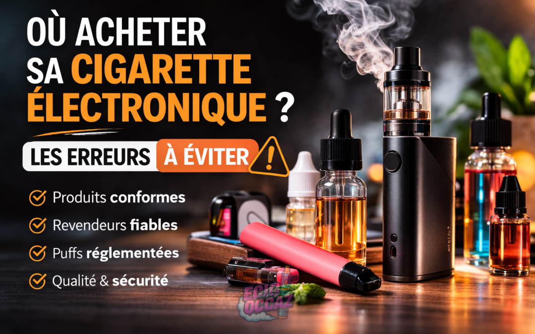 Cigarette électronique et flacons d’e-liquide sur table en bois avec vapeur, illustration du guide pour acheter une e-cigarette en toute sécurité.