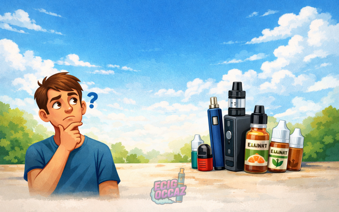👉 Illustration d’un homme réfléchissant devant plusieurs cigarettes électroniques et flacons d’e-liquide, représentant le choix de matériel pour débuter la vape
