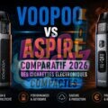 Image comparative mettant en scène deux cigarettes électroniques compactes Voopoo et Aspire sur un fond noir avec fumée bleue et orange. Le titre « Voopoo vs Aspire : comparatif 2026 des cigarettes électroniques compactes » apparaît en grand au centre, accompagné d’icônes évoquant le design, l’autonomie, les saveurs et le rapport qualité-prix.