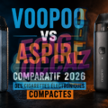 Illustration comparative mettant en scène deux cigarettes électroniques compactes des marques Voopoo et Aspire face à face, avec un fond sombre fumé bleu et orange. Le texte « Voopoo vs Aspire : comparatif 2026 des cigarettes électroniques compactes » apparaît en grand au centre dans un style moderne et dynamique.