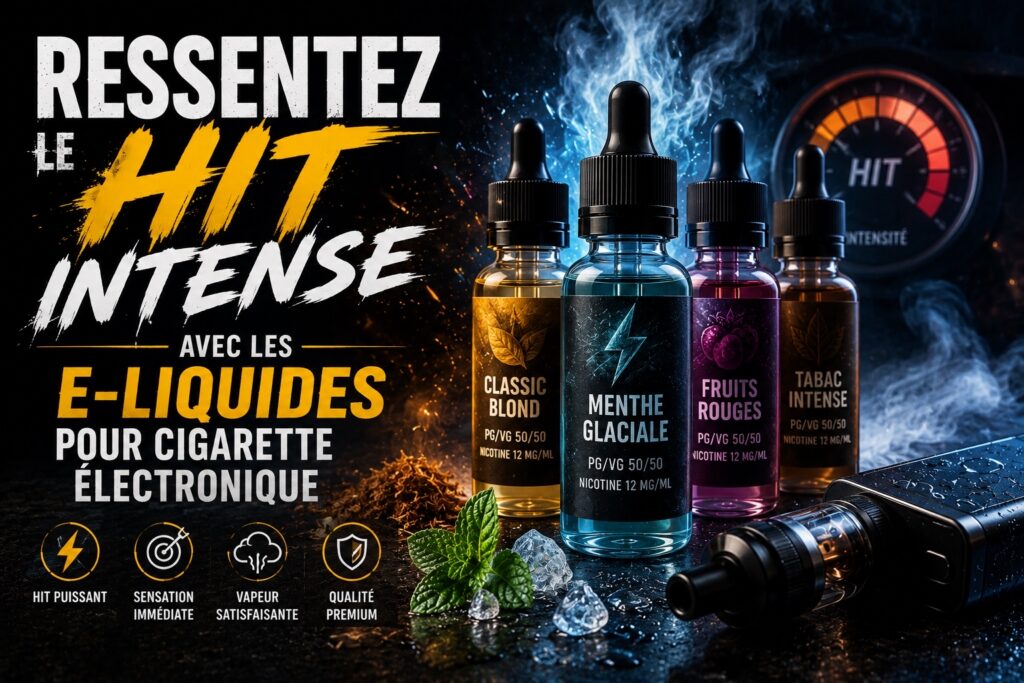 Illustration de plusieurs flacons d’e-liquides colorés et d’une cigarette électronique dans une ambiance sombre avec vapeur intense et effets lumineux bleus et orangés, accompagnée du titre « Ressentez le Hit Intense avec les E-Liquides pour Cigarette Électronique