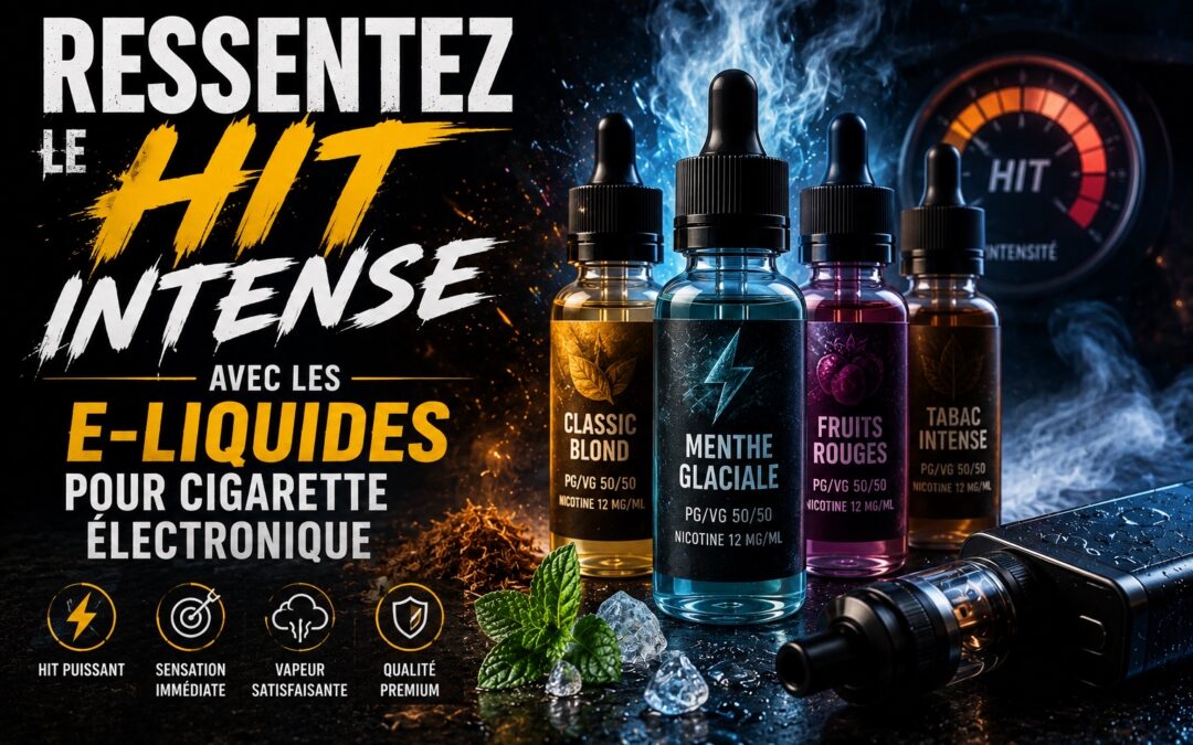 Illustration de plusieurs flacons d’e-liquides colorés et d’une cigarette électronique dans une ambiance sombre avec vapeur intense et effets lumineux bleus et orangés, accompagnée du titre « Ressentez le Hit Intense avec les E-Liquides pour Cigarette Électronique