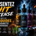 Illustration de plusieurs flacons d’e-liquides colorés et d’une cigarette électronique dans une ambiance sombre avec vapeur intense et effets lumineux bleus et orangés, accompagnée du titre « Ressentez le Hit Intense avec les E-Liquides pour Cigarette Électronique