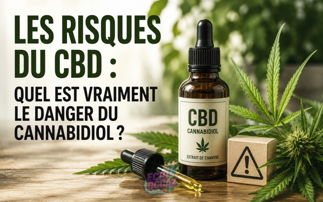 Illustration d’un flacon d’huile de CBD avec pipette posé sur une table en bois, entouré de feuilles de chanvre et d’un symbole d’avertissement, avec le titre « Les risques du CBD : Quel est vraiment le danger du cannabidiol ?