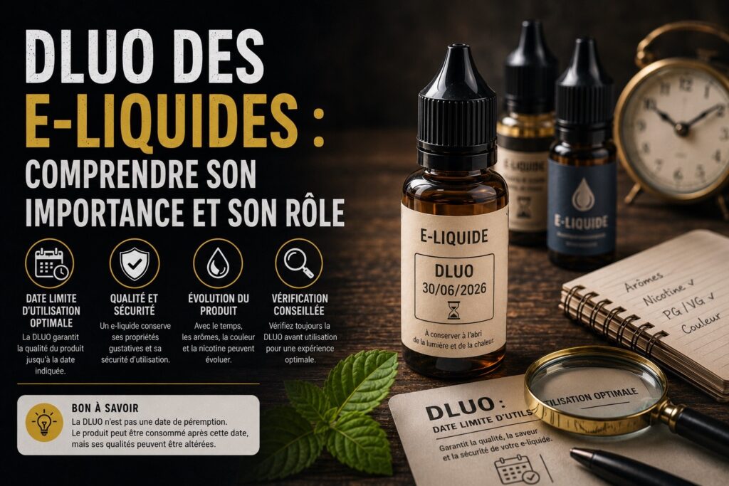 Illustration d’un flacon d’e-liquide avec une date de DLUO visible sur l’étiquette, posé sur une table sombre avec une horloge, une loupe et des documents de contrôle qualité en arrière-plan, accompagnée du titre « DLUO des e-liquides : comprendre son importance et son rôle ».