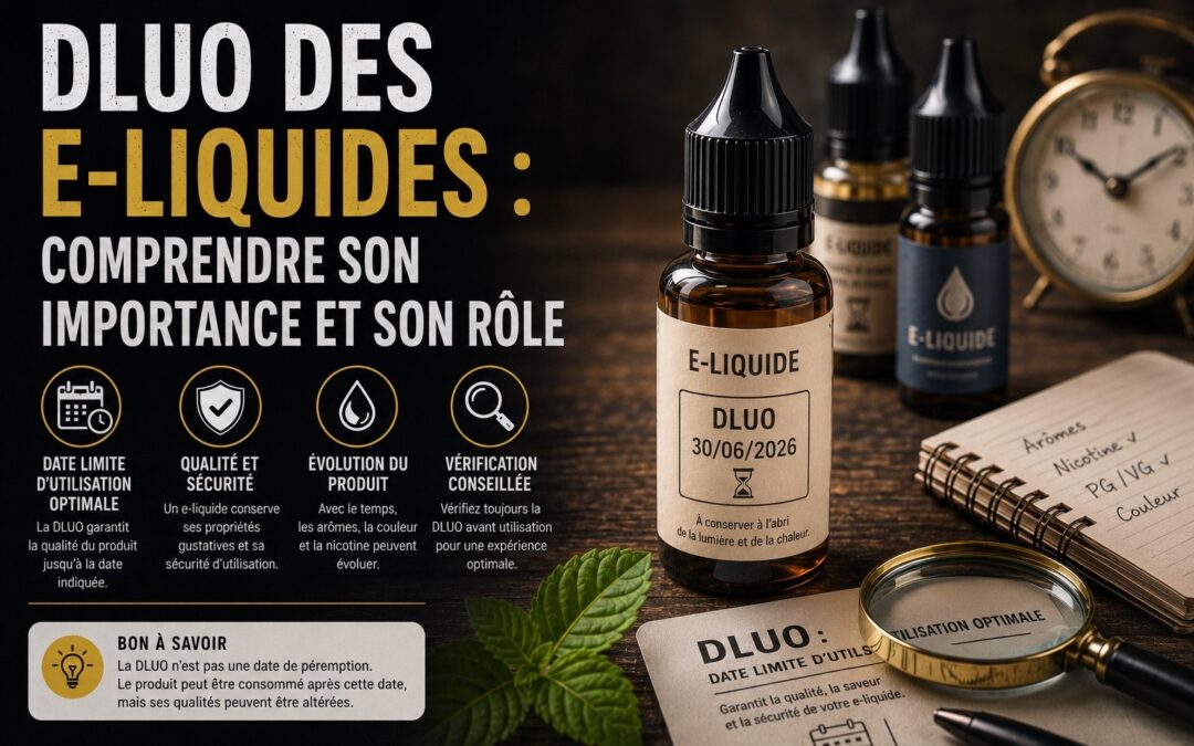 Illustration d’un flacon d’e-liquide avec une date de DLUO visible sur l’étiquette, posé sur une table sombre avec une horloge, une loupe et des documents de contrôle qualité en arrière-plan, accompagnée du titre « DLUO des e-liquides : comprendre son importance et son rôle ».