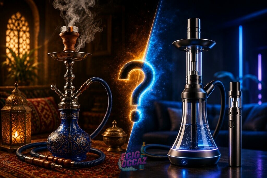Illustration d’une chicha traditionnelle richement décorée face à une chicha électronique moderne et élégante, dans une ambiance contrastée entre tradition et innovation, avec le titre « Chicha traditionnelle ou électronique : quelle option privilégier ?