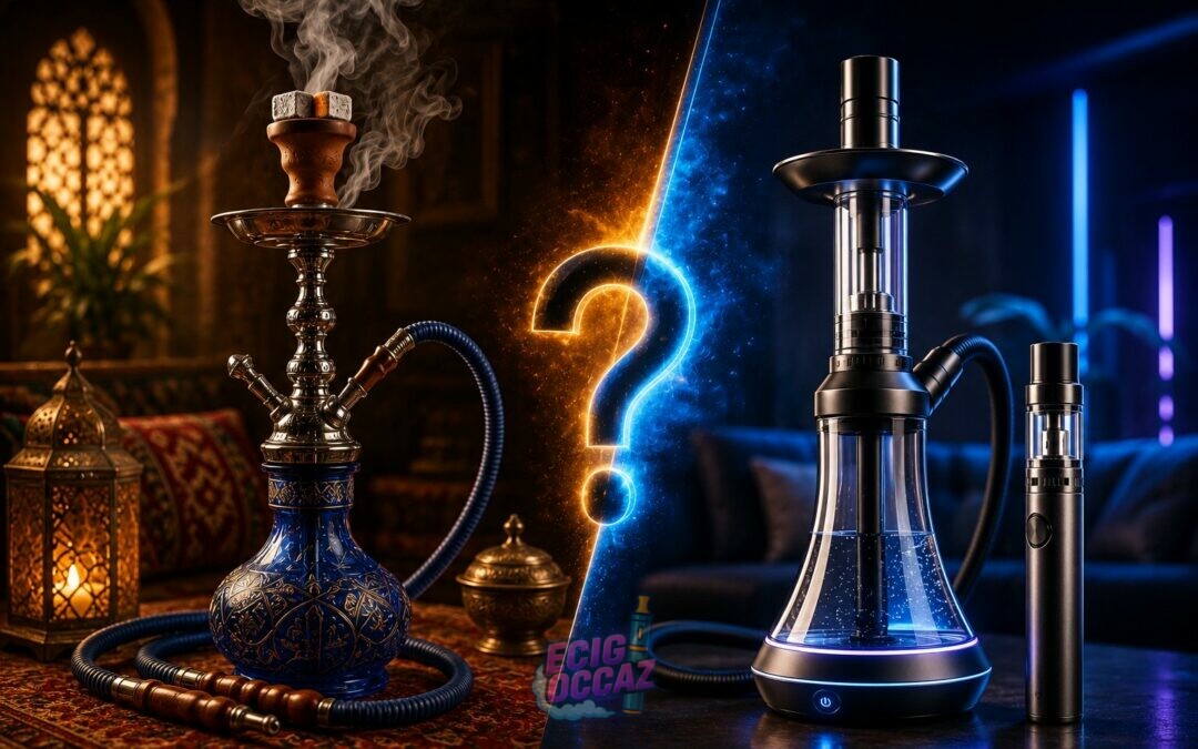 Illustration d’une chicha traditionnelle richement décorée face à une chicha électronique moderne et élégante, dans une ambiance contrastée entre tradition et innovation, avec le titre « Chicha traditionnelle ou électronique : quelle option privilégier ?