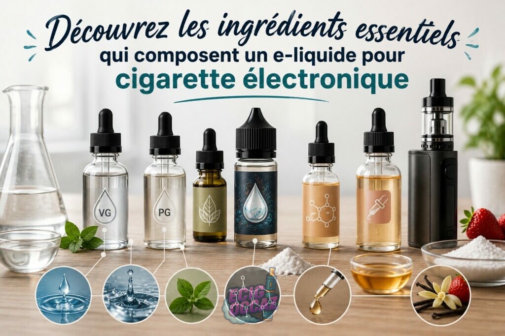 Illustration de plusieurs flacons représentant les composants d’un e-liquide — propylène glycol, glycérine végétale, arômes et nicotine — disposés autour d’une cigarette électronique dans une ambiance claire et moderne, avec le titre « Découvrez les ingrédients essentiels qui composent un e-liquide pour cigarette électronique ».