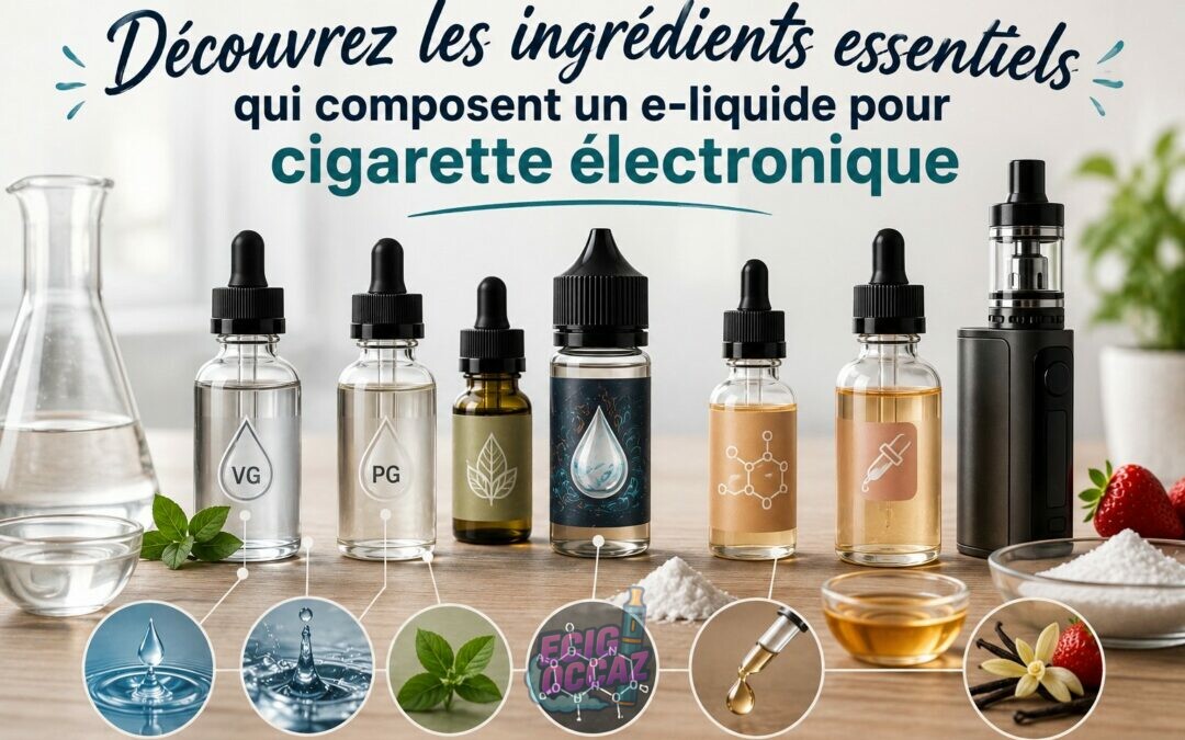 Illustration de plusieurs flacons représentant les composants d’un e-liquide — propylène glycol, glycérine végétale, arômes et nicotine — disposés autour d’une cigarette électronique dans une ambiance claire et moderne, avec le titre « Découvrez les ingrédients essentiels qui composent un e-liquide pour cigarette électronique ».