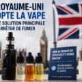 Illustration d’une cigarette électronique et de flacons d’e-liquides devant le drapeau du Royaume-Uni et le Parlement britannique, avec le titre « Le Royaume-Uni adopte la vape comme solution principale pour arrêter de fumer