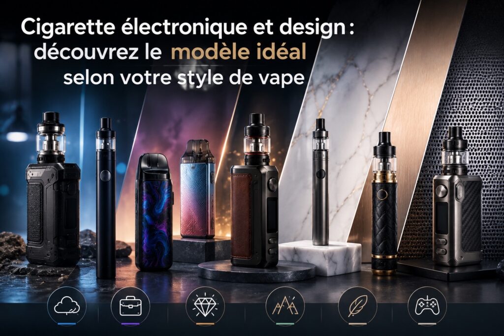 Illustration de plusieurs modèles de cigarettes électroniques au design varié, présentés dans une ambiance premium et moderne, avec le titre « Cigarette électronique et design : découvrez le modèle idéal selon votre style de vape ».