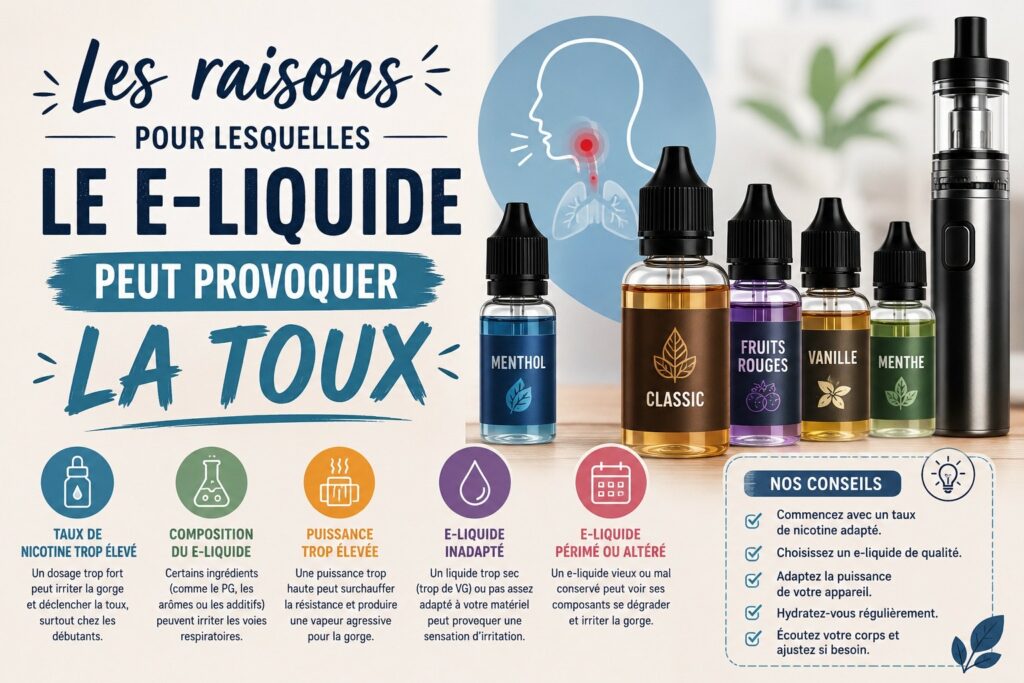 Illustration de plusieurs flacons d’e-liquides et d’une cigarette électronique dans une ambiance claire et moderne, accompagnés d’un visuel évoquant l’irritation de la gorge et du titre manuscrit « Les raisons pour lesquelles le e-liquide peut provoquer la toux ».