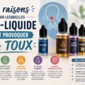 Illustration de plusieurs flacons d’e-liquides et d’une cigarette électronique dans une ambiance claire et moderne, accompagnés d’un visuel évoquant l’irritation de la gorge et du titre manuscrit « Les raisons pour lesquelles le e-liquide peut provoquer la toux ».