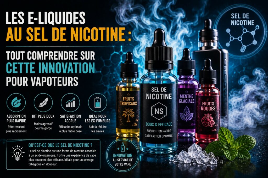 Illustration de plusieurs flacons d’e-liquides au sel de nicotine et d’une cigarette électronique dans une ambiance futuriste avec vapeur bleutée, effets lumineux et éléments inspirés de la chimie, accompagnée du titre « Les e-liquides au sel de nicotine : tout comprendre sur cette innovation pour vapoteurs »