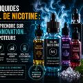 Illustration de plusieurs flacons d’e-liquides au sel de nicotine et d’une cigarette électronique dans une ambiance futuriste avec vapeur bleutée, effets lumineux et éléments inspirés de la chimie, accompagnée du titre « Les e-liquides au sel de nicotine : tout comprendre sur cette innovation pour vapoteurs »