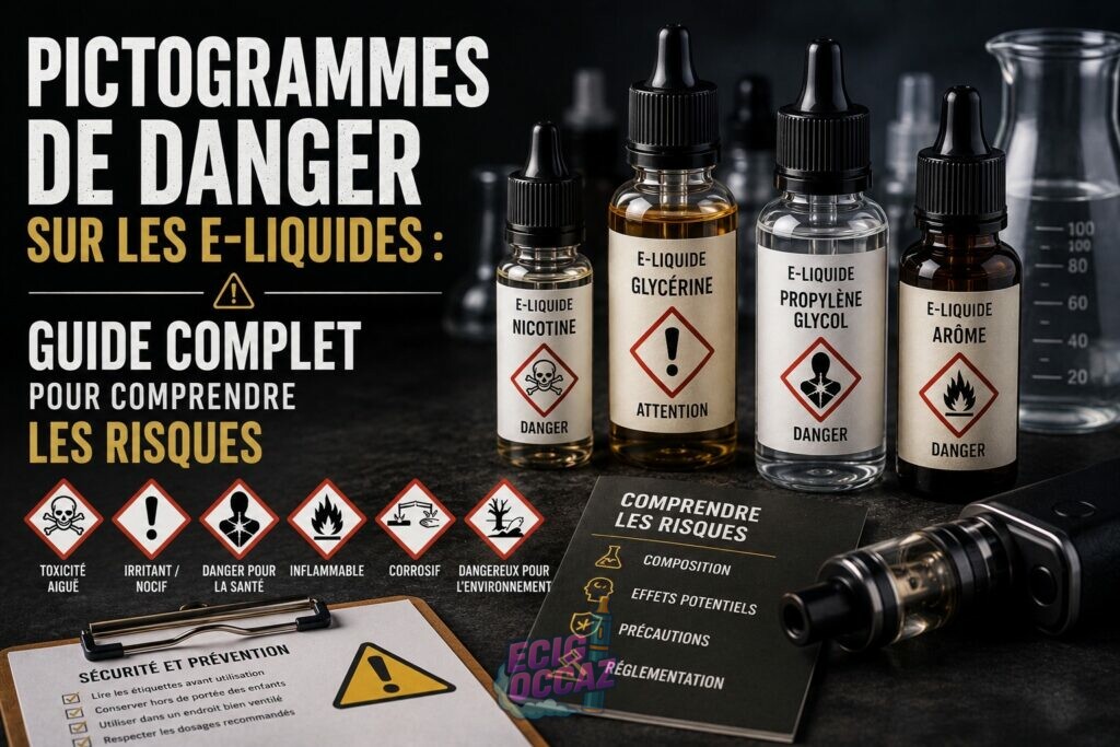 Illustration de plusieurs flacons d’e-liquides accompagnés de pictogrammes de danger chimiques et sanitaires sur une table sombre, avec des symboles d’avertissement, un matériel de vape et une ambiance de laboratoire, ainsi que le titre « Pictogrammes de Danger sur les E-liquides : Guide Complet pour Comprendre les Risques ».