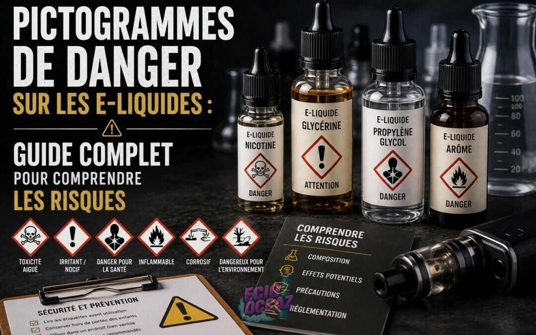 Illustration de plusieurs flacons d’e-liquides accompagnés de pictogrammes de danger chimiques et sanitaires sur une table sombre, avec des symboles d’avertissement, un matériel de vape et une ambiance de laboratoire, ainsi que le titre « Pictogrammes de Danger sur les E-liquides : Guide Complet pour Comprendre les Risques ».