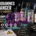 Illustration de plusieurs flacons d’e-liquides accompagnés de pictogrammes de danger chimiques et sanitaires sur une table sombre, avec des symboles d’avertissement, un matériel de vape et une ambiance de laboratoire, ainsi que le titre « Pictogrammes de Danger sur les E-liquides : Guide Complet pour Comprendre les Risques ».