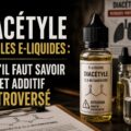 Illustration d’un flacon d’e-liquide étiqueté diacétyle posé sur une table de laboratoire avec béchers, documents chimiques et symbole d’avertissement, dans une ambiance sombre et scientifique, avec le titre « Diacétyle dans les e-liquides : ce qu’il faut savoir sur cet additif controversé ».