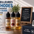 Illustration de plusieurs flacons d’e-liquides posés sur une table en bois, avec un espace de rangement et un thermomètre en arrière-plan, accompagnés du titre « Les meilleures méthodes pour conserver votre e-liquide et préserver ses saveurs »
