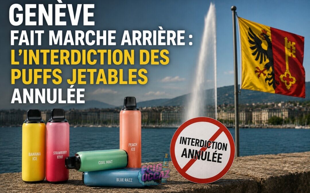 Illustration de plusieurs puffs jetables colorées devant le lac Léman et le drapeau de Genève, avec le titre « Genève fait marche arrière : l’interdiction des puffs jetables annulée