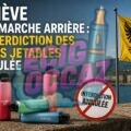 Illustration de plusieurs puffs jetables colorées devant le lac Léman et le drapeau de Genève, avec le titre « Genève fait marche arrière : l’interdiction des puffs jetables annulée