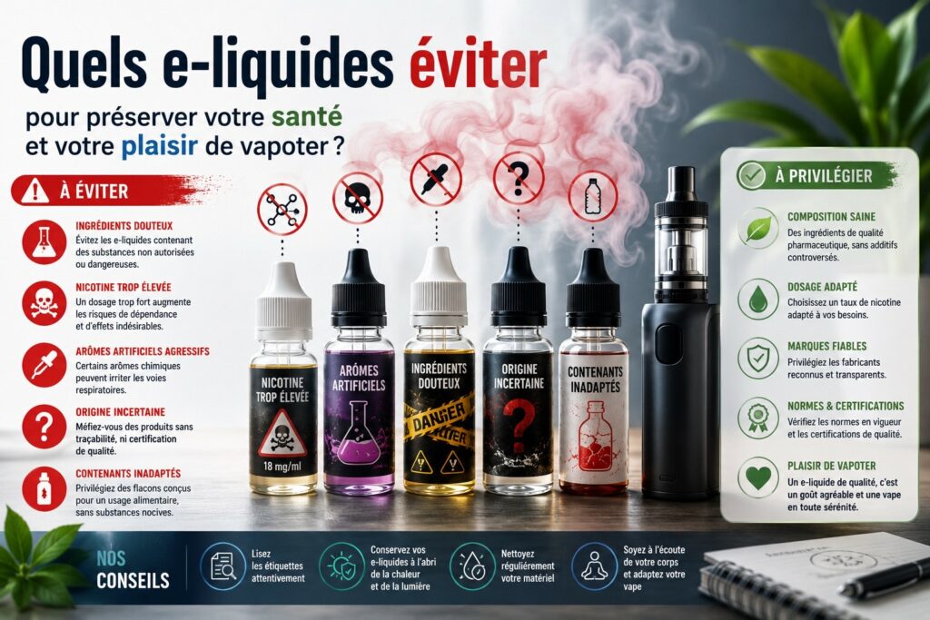 Illustration de plusieurs flacons d’e-liquides placés à côté d’une cigarette électronique, avec certains flacons marqués comme à éviter et une ambiance mêlant avertissement et prévention, accompagnée du titre « Quels e-liquides éviter pour préserver votre santé et votre plaisir de vapoter ?
