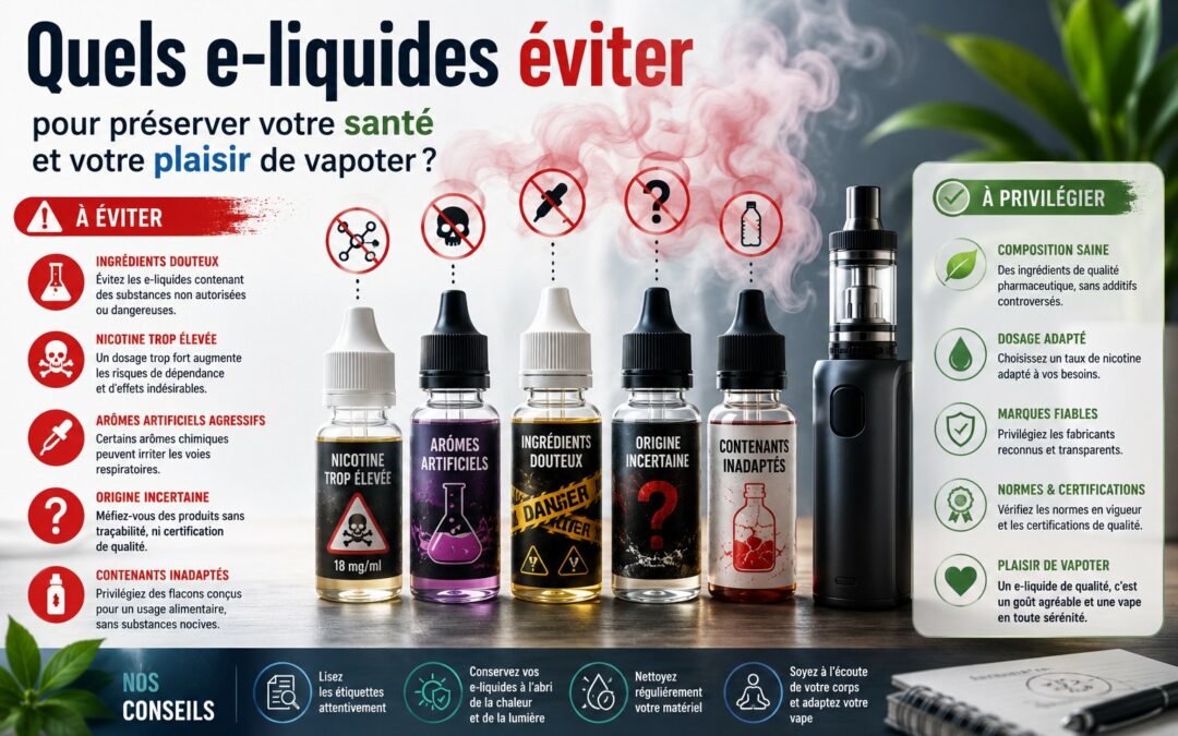 Illustration de plusieurs flacons d’e-liquides placés à côté d’une cigarette électronique, avec certains flacons marqués comme à éviter et une ambiance mêlant avertissement et prévention, accompagnée du titre « Quels e-liquides éviter pour préserver votre santé et votre plaisir de vapoter ?
