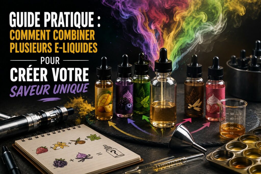 Illustration stylisée de plusieurs flacons d’e-liquides colorés disposés autour d’un atelier de mélange DIY avec vapeur multicolore et matériel de préparation, dans une ambiance moderne et créative, avec le titre « Guide pratique : comment combiner plusieurs e-liquides pour créer votre saveur unique ».