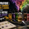 Illustration stylisée de plusieurs flacons d’e-liquides colorés disposés autour d’un atelier de mélange DIY avec vapeur multicolore et matériel de préparation, dans une ambiance moderne et créative, avec le titre « Guide pratique : comment combiner plusieurs e-liquides pour créer votre saveur unique ».