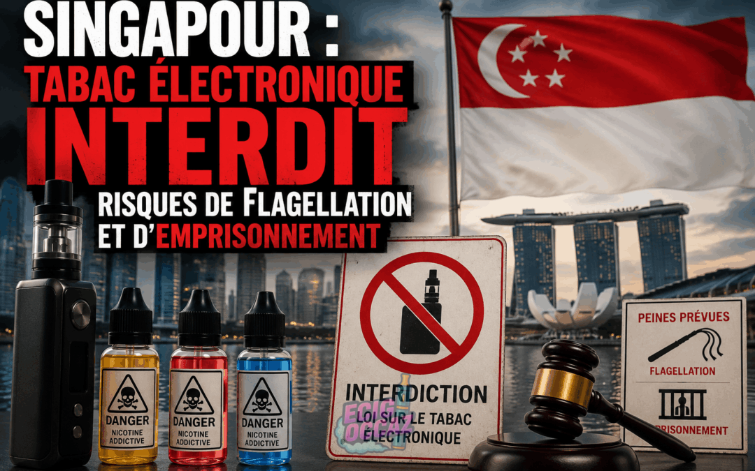 Illustration d’une cigarette électronique et de flacons d’e-liquides devant le drapeau de Singapour et la skyline de Marina Bay Sands, avec le titre « Singapour : tabac électronique interdit, risques de flagellation et d’emprisonnement