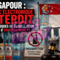 Illustration d’une cigarette électronique et de flacons d’e-liquides devant le drapeau de Singapour et la skyline de Marina Bay Sands, avec le titre « Singapour : tabac électronique interdit, risques de flagellation et d’emprisonnement