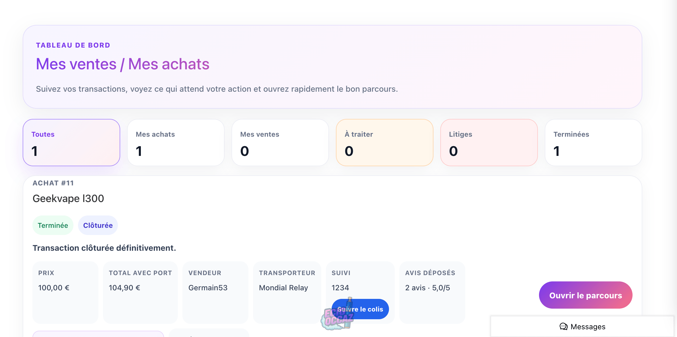Tableau de bord Assistant de transaction Ecig-occaz affichant le suivi des ventes et achats de vape d’occasion avec statut de transaction, prix, vendeur, transporteur, suivi colis, avis déposés et accès rapide au parcours utilisateur.
