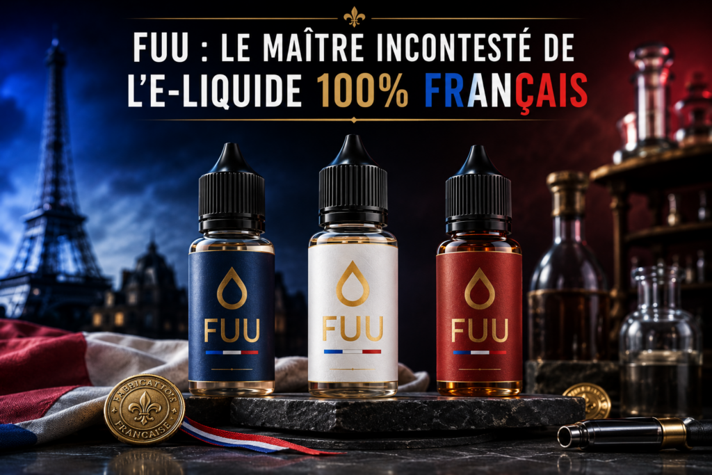 Illustration de trois flacons d’e-liquides premium aux couleurs bleu, blanc et rouge, mis en scène dans une ambiance élégante inspirée du savoir-faire français, avec la silhouette de Paris en arrière-plan et le titre « FUU : le maître incontesté de l’e-liquide 100 % français »