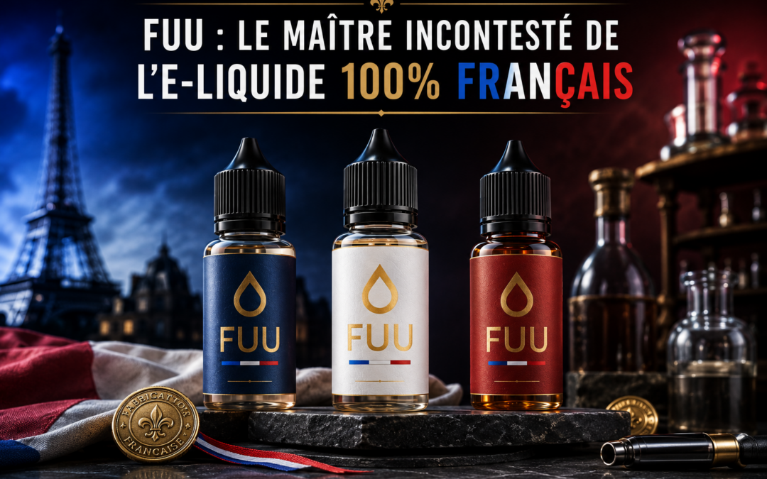Illustration de trois flacons d’e-liquides premium aux couleurs bleu, blanc et rouge, mis en scène dans une ambiance élégante inspirée du savoir-faire français, avec la silhouette de Paris en arrière-plan et le titre « FUU : le maître incontesté de l’e-liquide 100 % français »