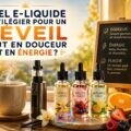 Illustration d’un petit-déjeuner élégant avec une tasse de café fumante, une cigarette électronique moderne et plusieurs flacons d’e-liquides aux notes gourmandes et fruitées, baignés par la lumière douce du matin, avec le titre « Quel e-liquide privilégier pour un réveil tout en douceur et en énergie ? »