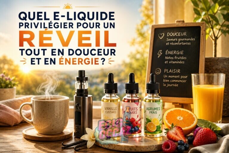 Illustration d’un petit-déjeuner élégant avec une tasse de café fumante, une cigarette électronique moderne et plusieurs flacons d’e-liquides aux notes gourmandes et fruitées, baignés par la lumière douce du matin, avec le titre « Quel e-liquide privilégier pour un réveil tout en douceur et en énergie ? »