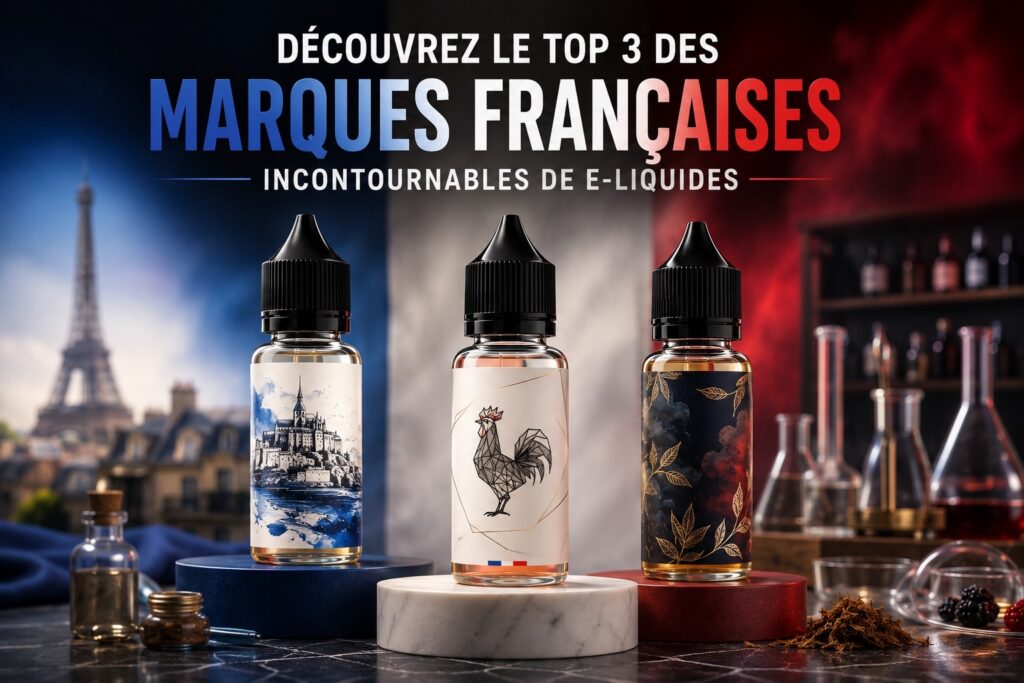 Illustration de trois flacons d’e-liquides premium français mis en valeur dans une ambiance élégante inspirée du savoir-faire français, avec un éclairage bleu, blanc et rouge discret, accompagnée du titre « Découvrez le Top 3 des marques françaises incontournables de e-liquides »