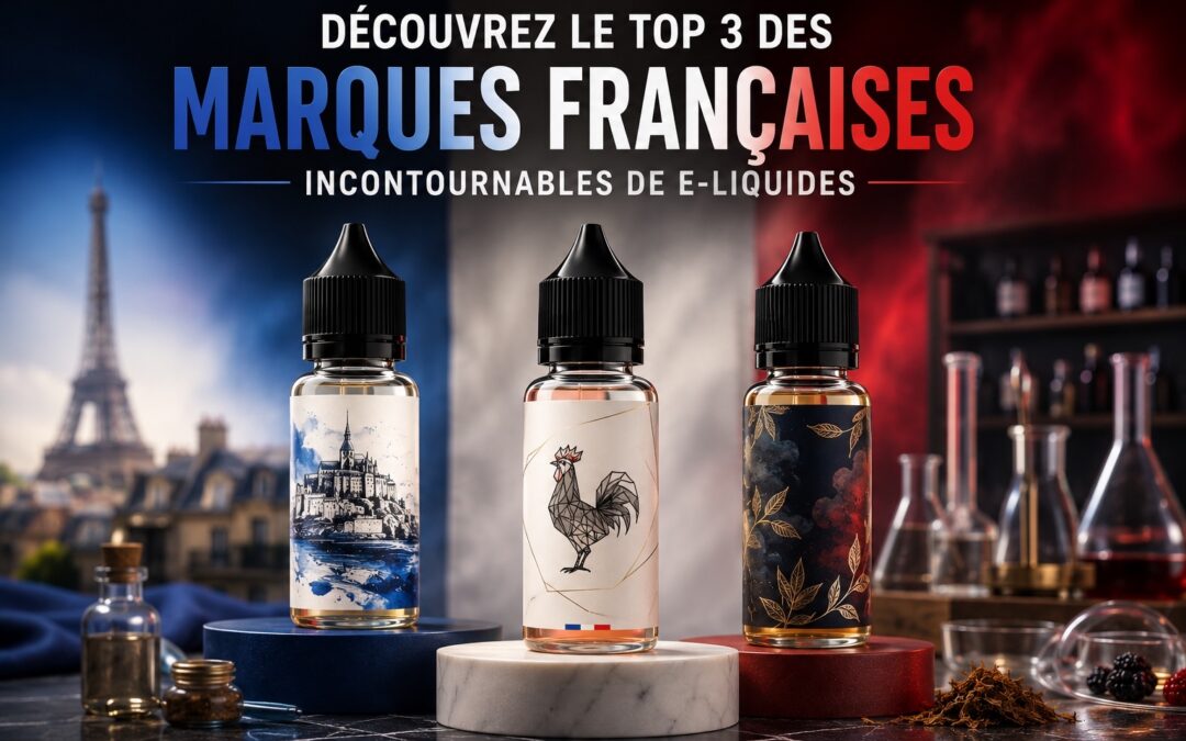 Illustration de trois flacons d’e-liquides premium français mis en valeur dans une ambiance élégante inspirée du savoir-faire français, avec un éclairage bleu, blanc et rouge discret, accompagnée du titre « Découvrez le Top 3 des marques françaises incontournables de e-liquides »