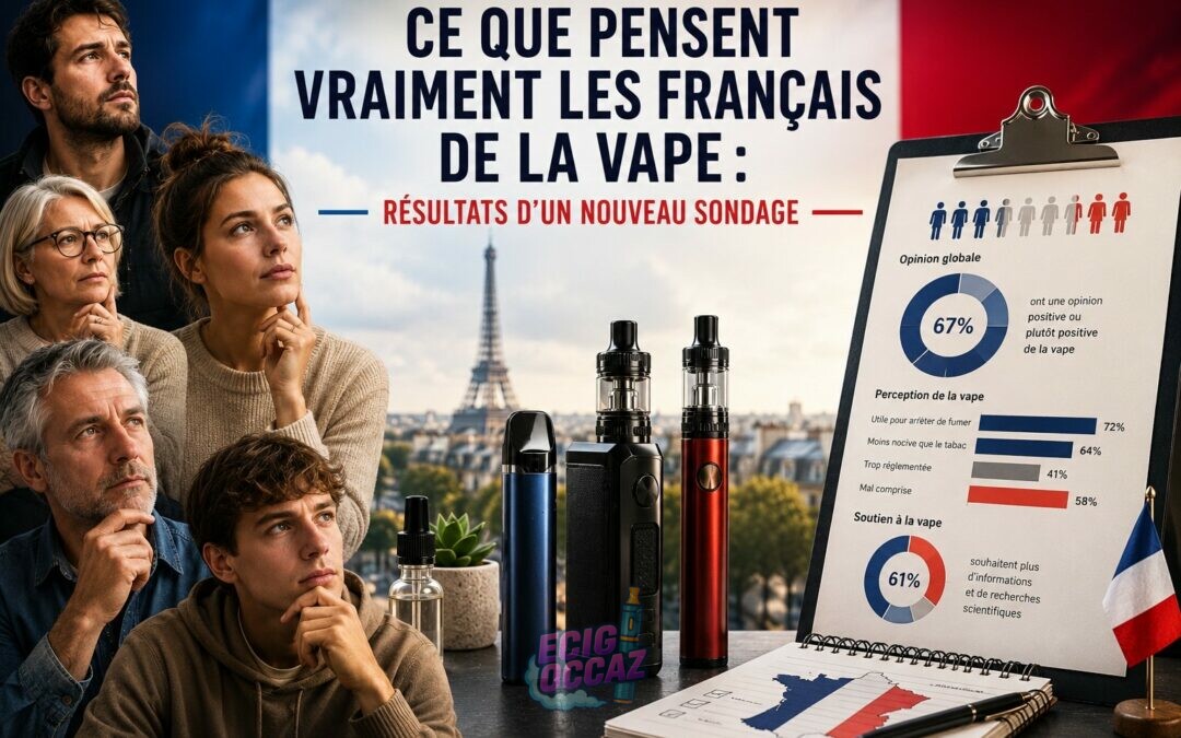 Illustration d’un groupe de Français de différentes générations observant des cigarettes électroniques et des e-liquides devant un décor parisien, avec un tableau de résultats de sondage en arrière-plan et le titre « Ce que pensent vraiment les Français de la vape : résultats d’un nouveau sondage »