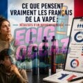 Illustration d’un groupe de Français de différentes générations observant des cigarettes électroniques et des e-liquides devant un décor parisien, avec un tableau de résultats de sondage en arrière-plan et le titre « Ce que pensent vraiment les Français de la vape : résultats d’un nouveau sondage »