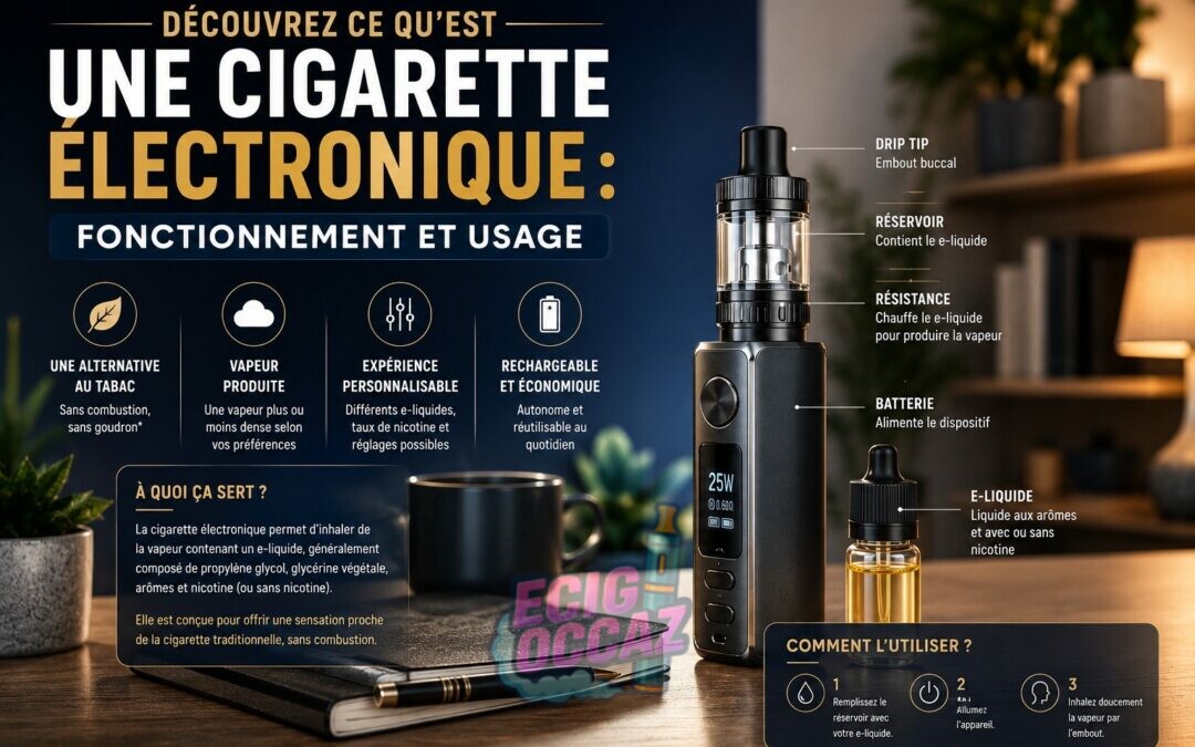 Illustration d’une cigarette électronique moderne posée sur un bureau avec un flacon d’e-liquide, dans une ambiance chaleureuse et contemporaine, mettant en valeur le matériel de vape et accompagnée du titre « Découvrez ce qu’est une cigarette électronique : fonctionnement et usage »