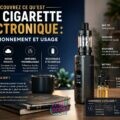 Illustration d’une cigarette électronique moderne posée sur un bureau avec un flacon d’e-liquide, dans une ambiance chaleureuse et contemporaine, mettant en valeur le matériel de vape et accompagnée du titre « Découvrez ce qu’est une cigarette électronique : fonctionnement et usage »