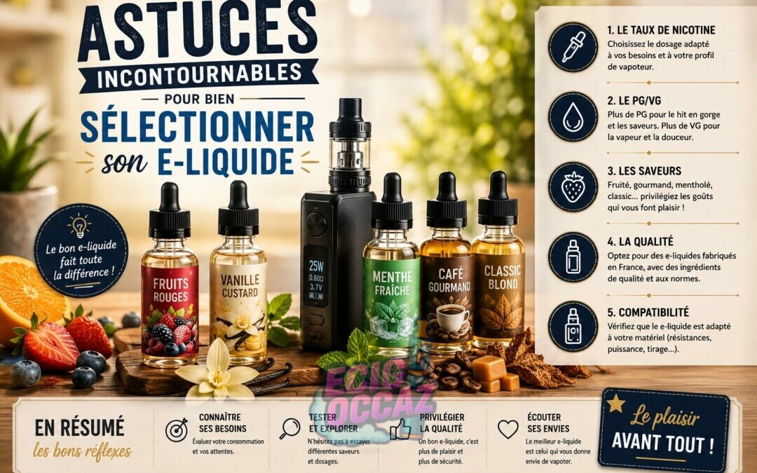 Illustration de plusieurs flacons d’e-liquides aux saveurs variées disposés autour d’une cigarette électronique moderne, avec des fruits, notes gourmandes et feuilles de menthe dans une ambiance lumineuse et accueillante, accompagnée du titre « Astuces incontournables pour bien sélectionner son e-liquide »